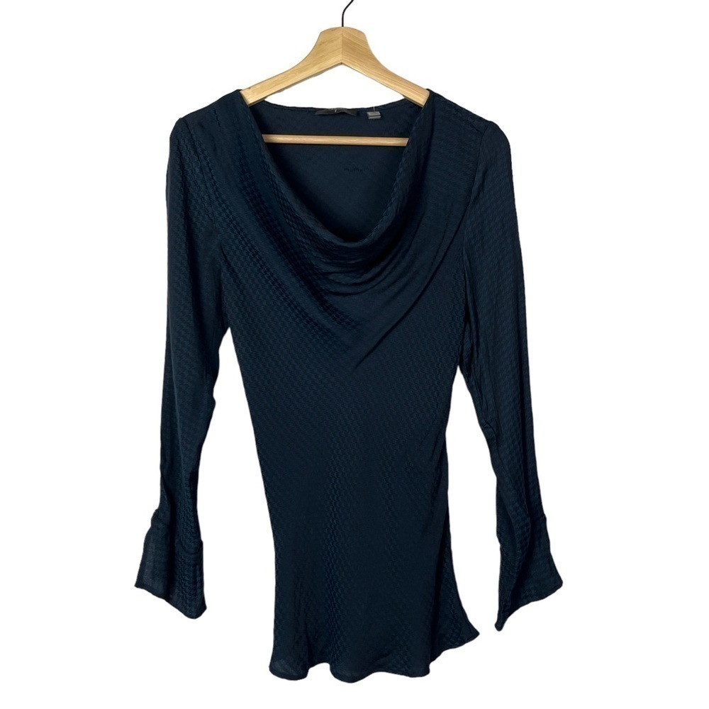 Tahari Navy Blue Houndstooth Fitted Cowl Neck Long Sleeve Blouse S